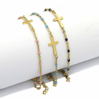 Rosary Bracelet Pink-Cross Steel-Gold IP 306100360.103